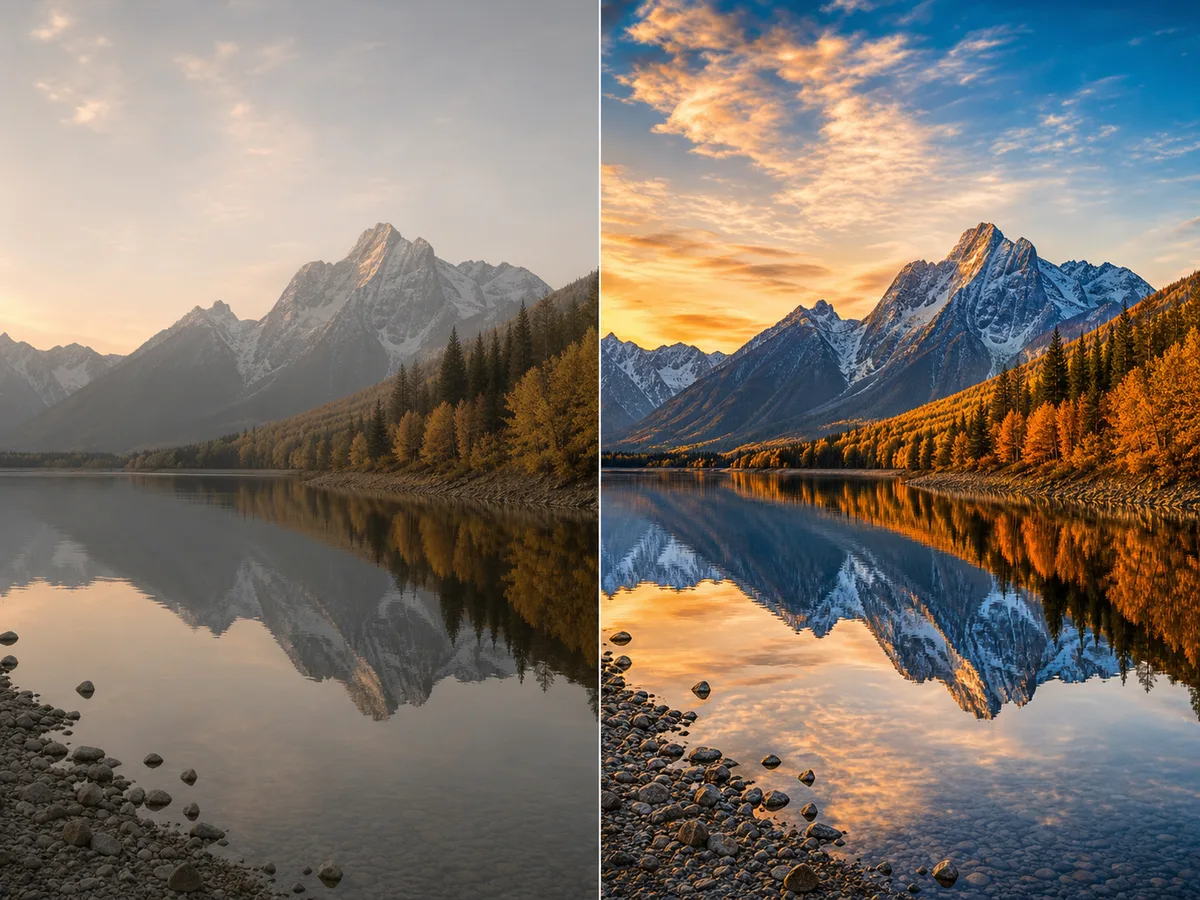 AI enhanced mountain lake photo with autumn foliage and polished golden-hour lighting