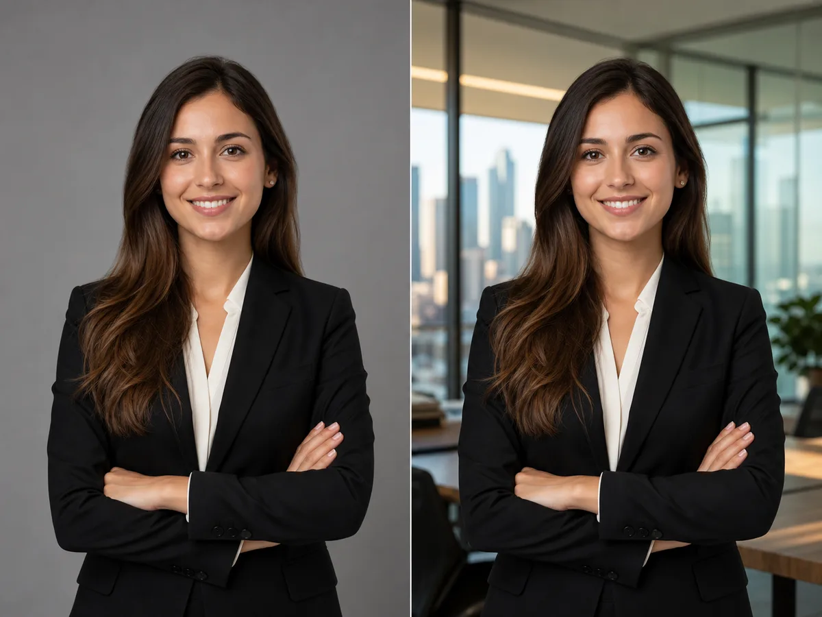AI edited business portrait with modern glass office background and city skyline
