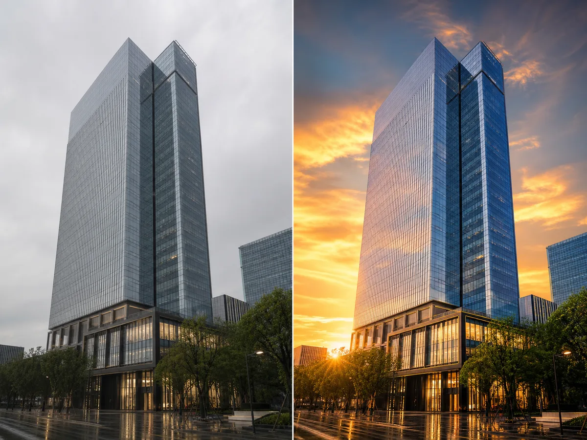 AI enhanced architectural photo with sunset reflections and crisp glass-panel details