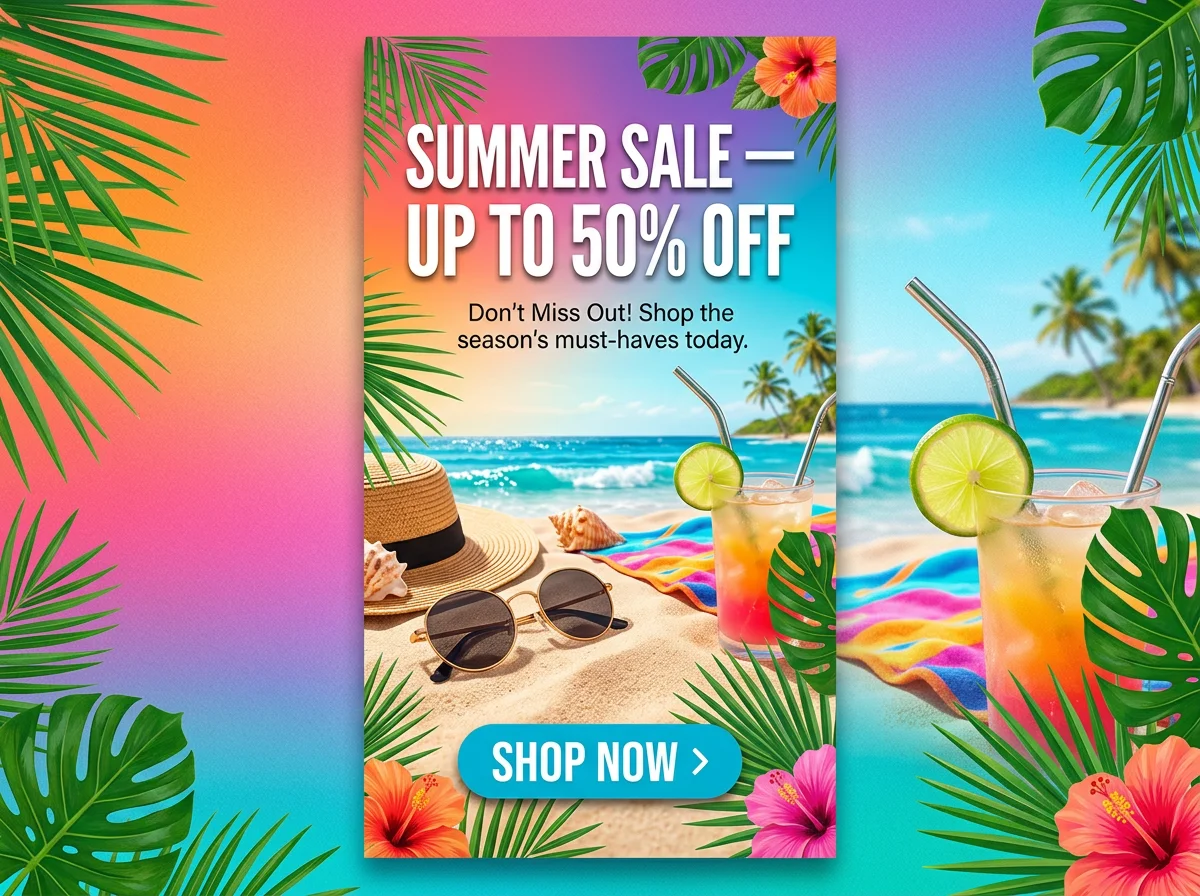 AI generated summer sale social media ad with readable headline and shop now button