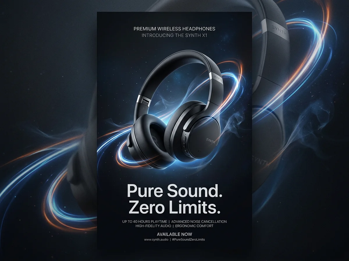 AI generated wireless headphones launch poster with Pure Sound Zero Limits text