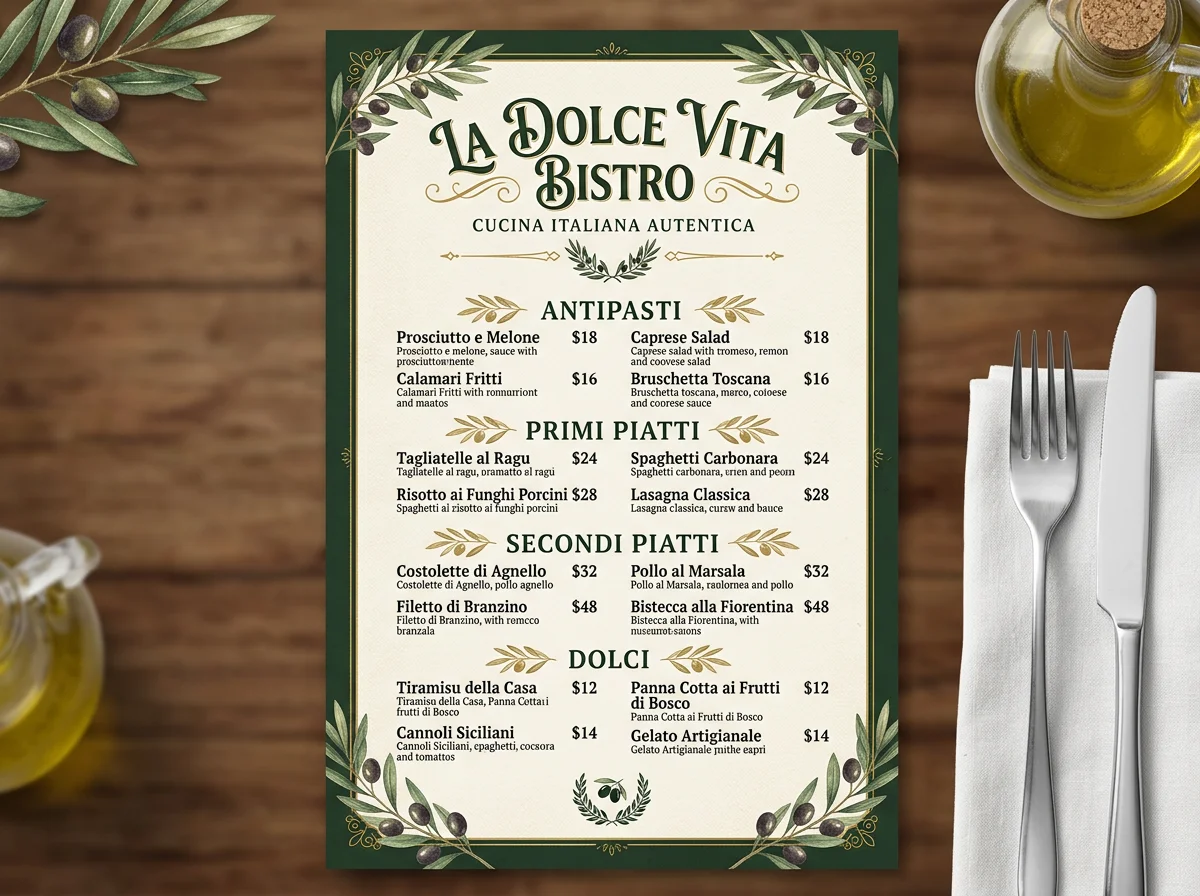 AI generated Italian restaurant menu card with elegant sections and typography