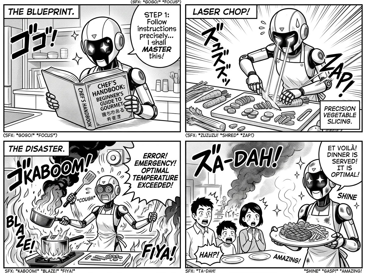 AI generated four-panel comic strip of a robot learning to cook