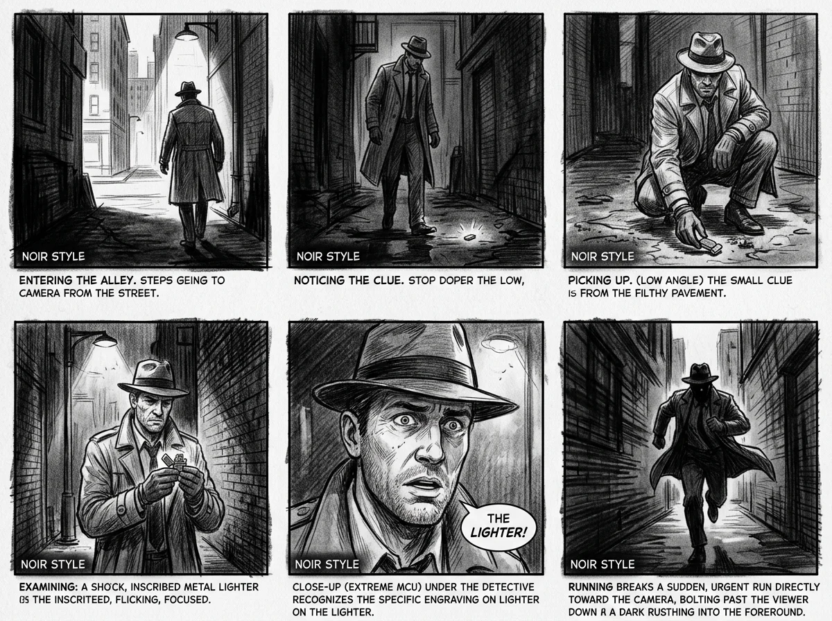 AI generated noir detective storyboard with six cinematic panels