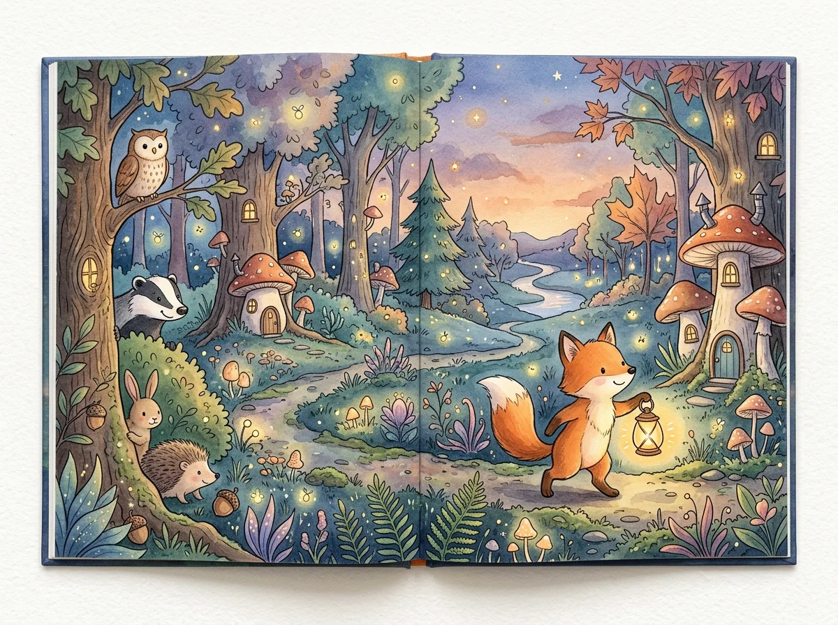 AI generated children's book spread of a fox walking through a magical forest